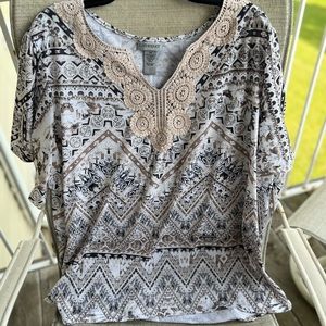 Catherines- short sleeved blouse with neck appliqué-3X